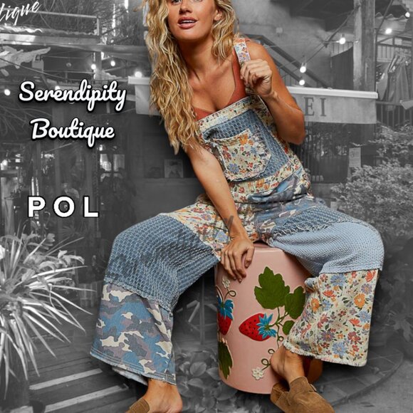 POL Boho Farm Girl Mixed Fabric Cotton Denim Floral Patch Suspender Strap Jeans - Picture 2 of 16